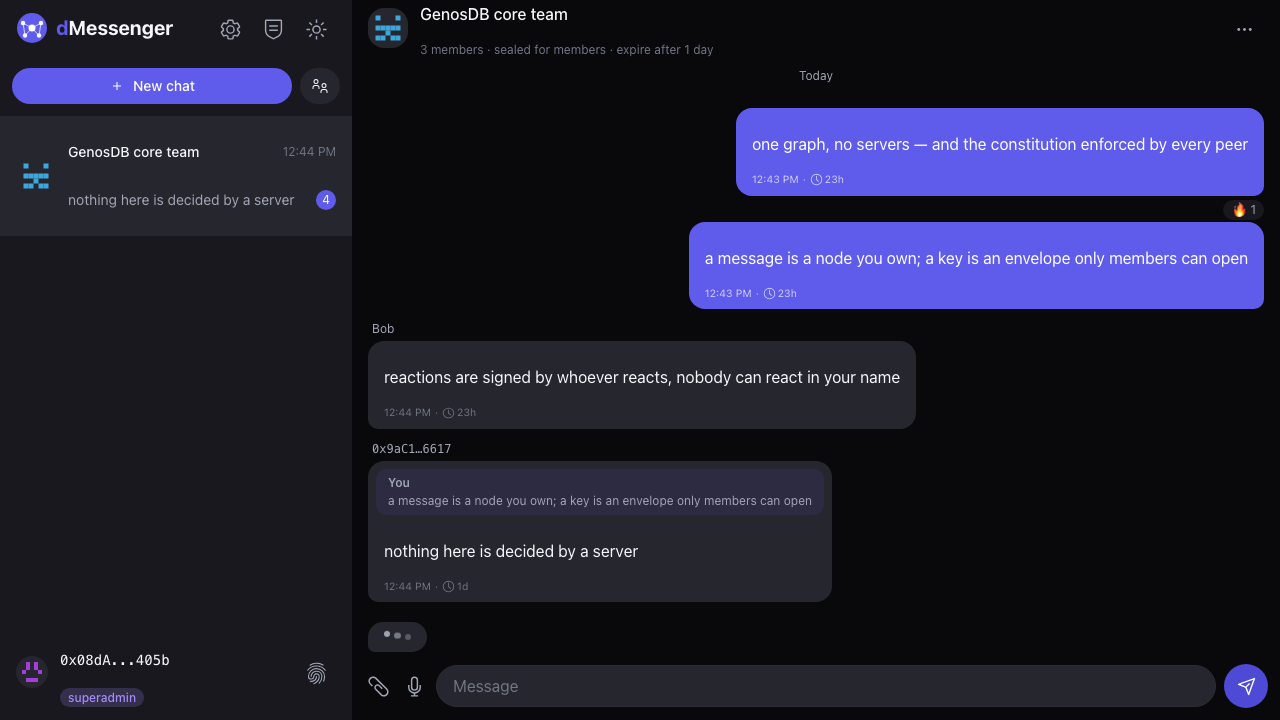 dMessenger — a group conversation with names, a reply, a reaction and a message lifetime