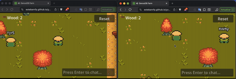 GenosDB Farm — two browser windows, one shared world, no backend