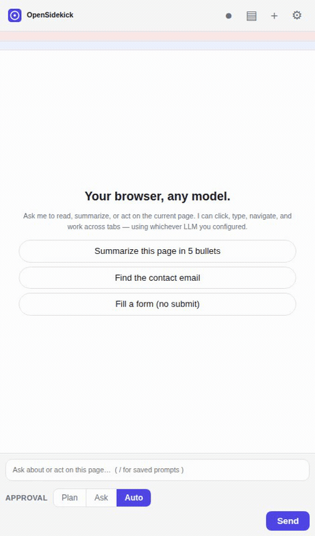 OpenSidekick reading a page and filling a newsletter field on the user's behalf, then stopping before it submits