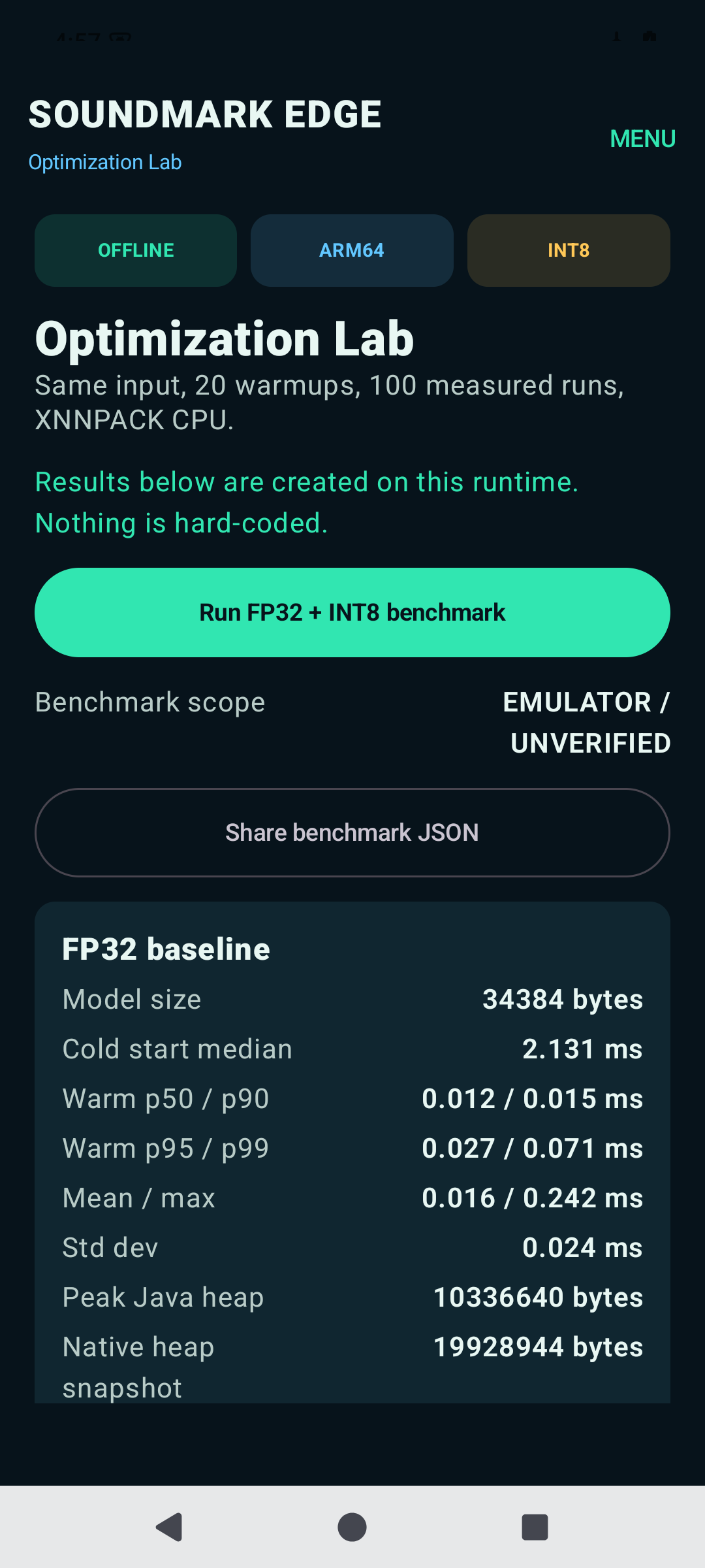 Benchmark JSON export explicitly labeled EMULATOR / UNVERIFIED