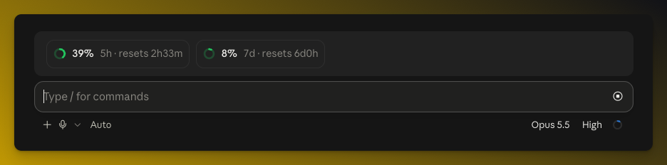 claude-stats in the Claude Code desktop app: rings for the 5h and 7d limits above the prompt