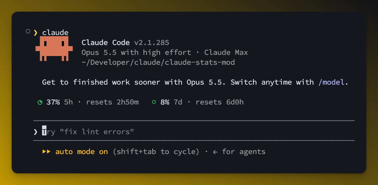 claude-stats in the Claude Code CLI: the 5h and 7d limits on one line above the prompt