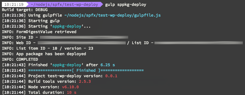 Gulp task output