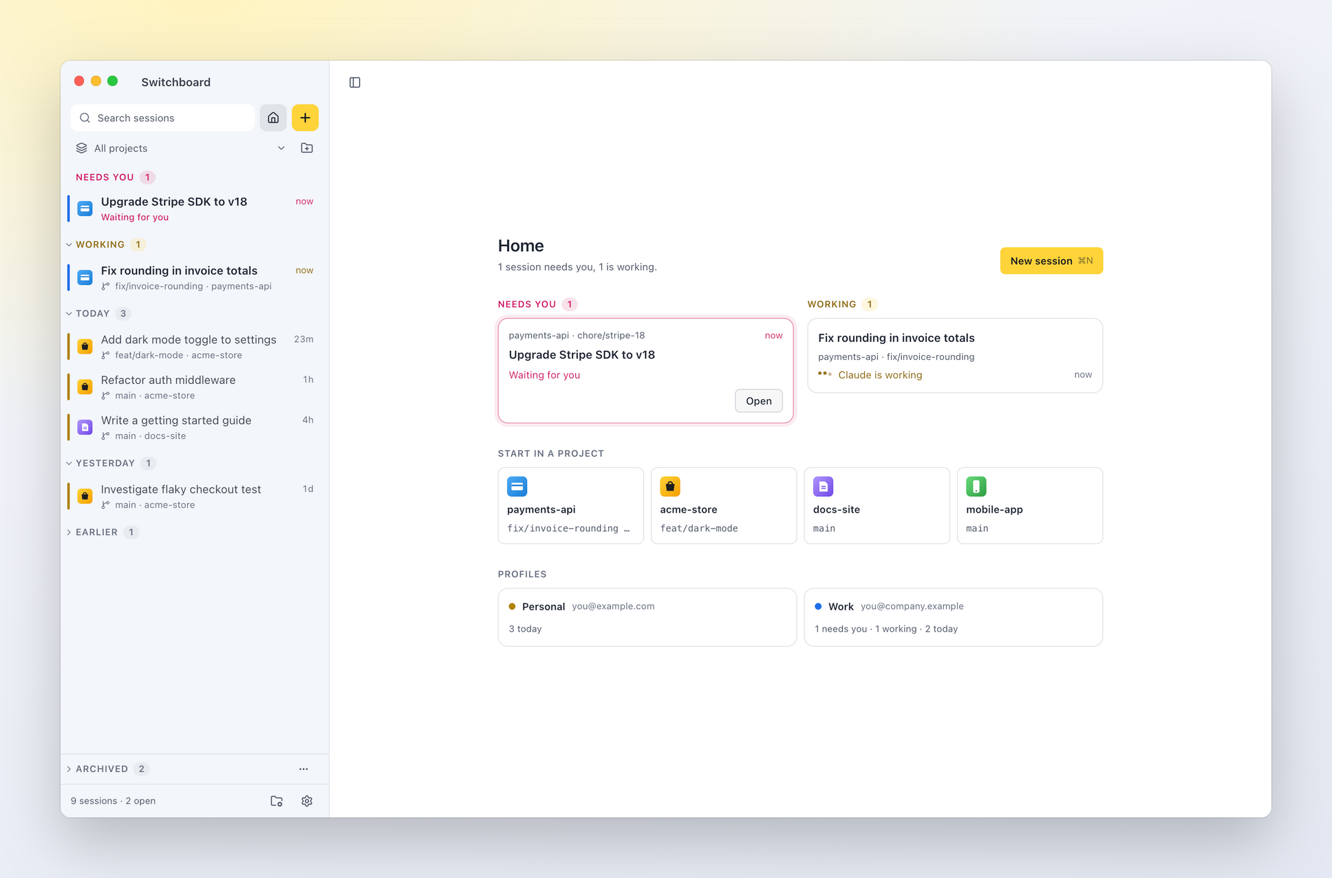 Home: a session that needs you, one that is working, your projects, and your two Claude profiles
