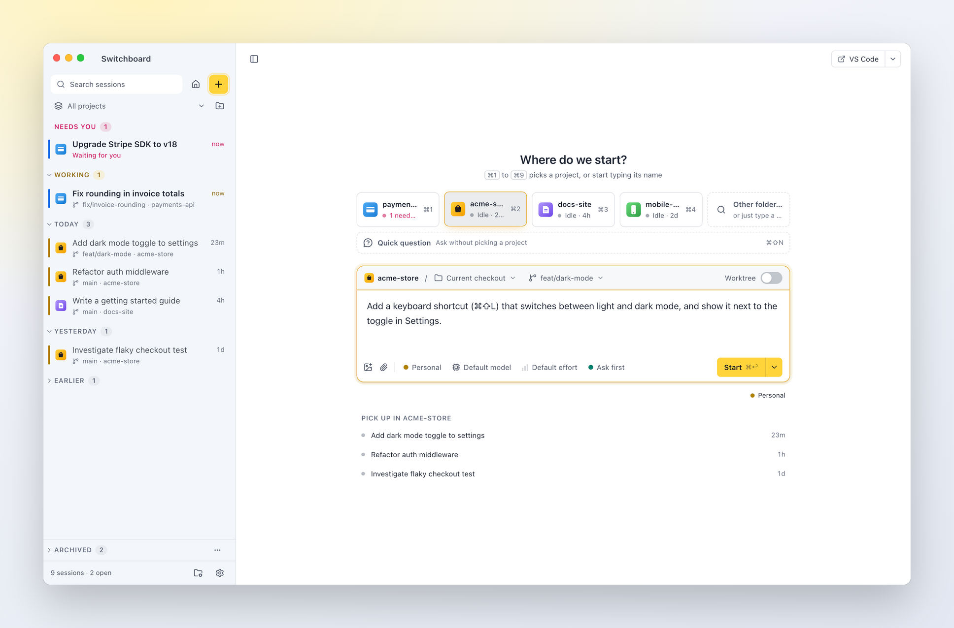 New session: pick a project, a branch or a worktree, and write the first prompt