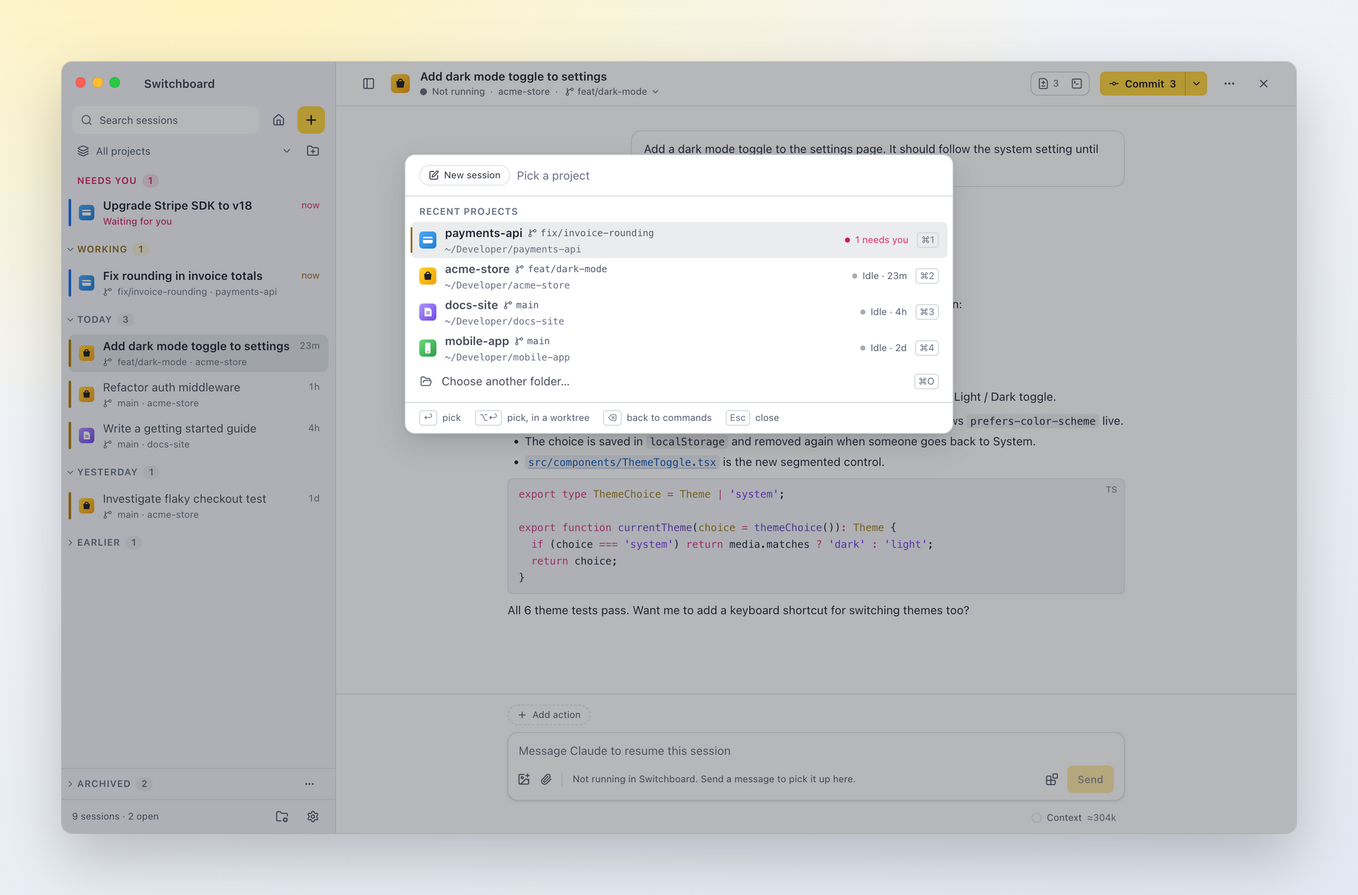 The command palette on New session: recent projects with their branch, status and a ⌘1 to ⌘4 shortcut each