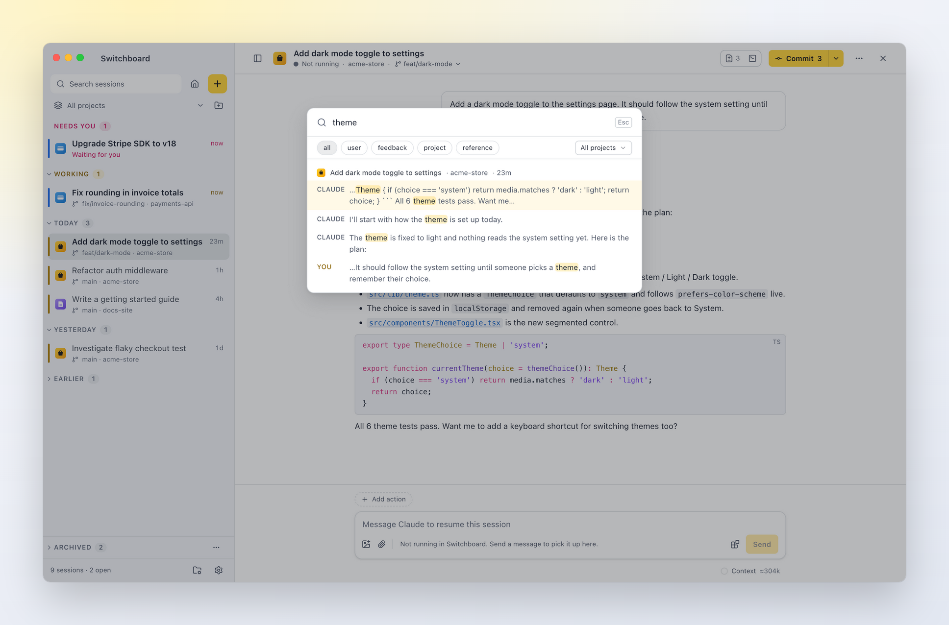 Search across every conversation, with the matching words highlighted