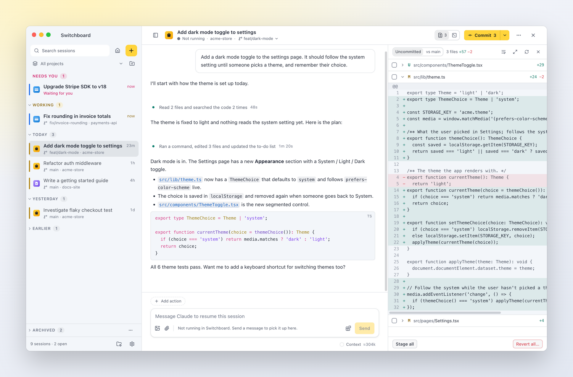 Switchboard with a finished session open: the session list on the left, its rails coloured by Claude profile (personal in yellow, work in blue), the conversation in the middle and its git changes on the right