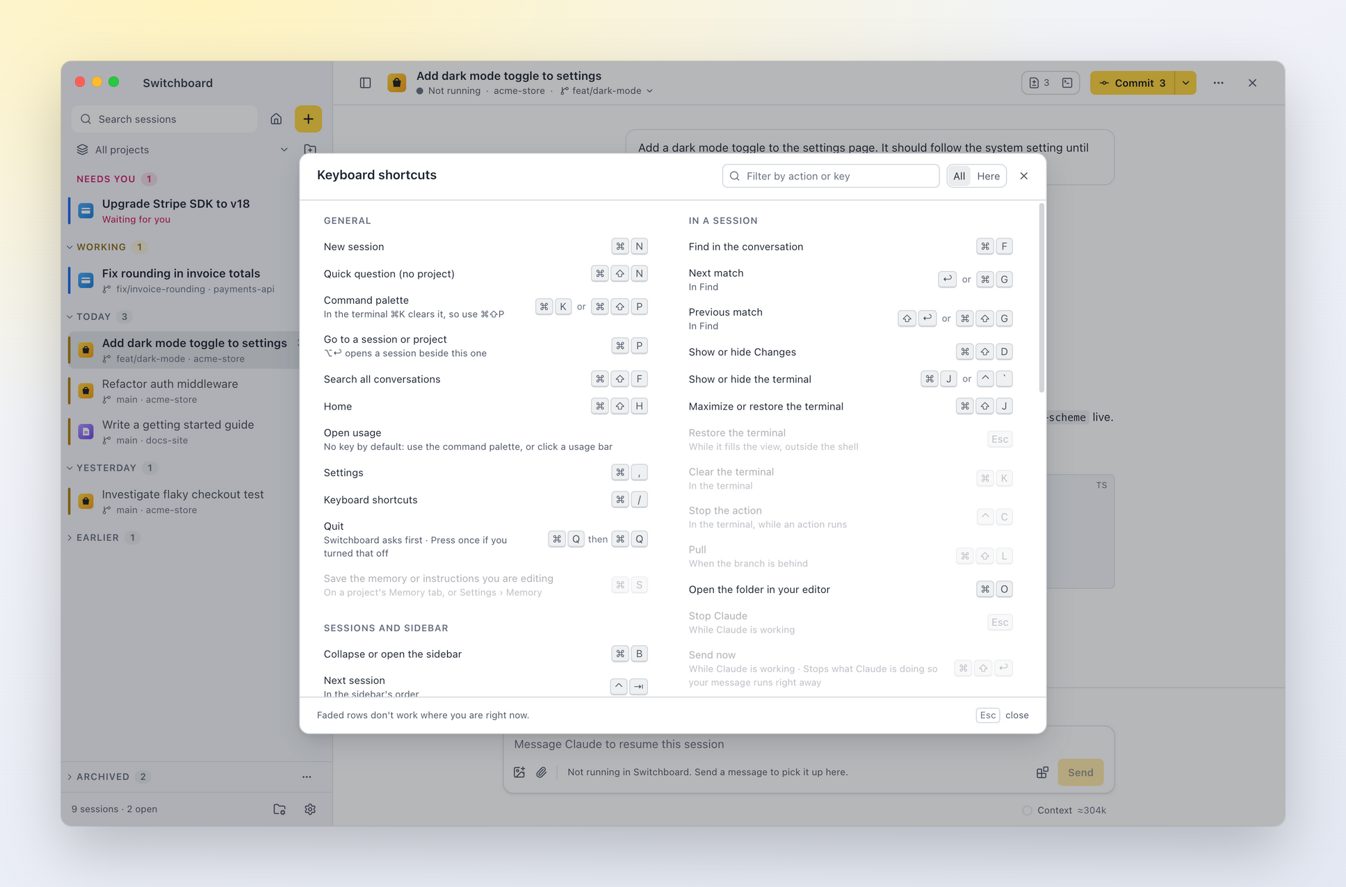 The keyboard shortcuts sheet over a session: every shortcut grouped by where it works, with its keys on the right and the ones that don't work there faded