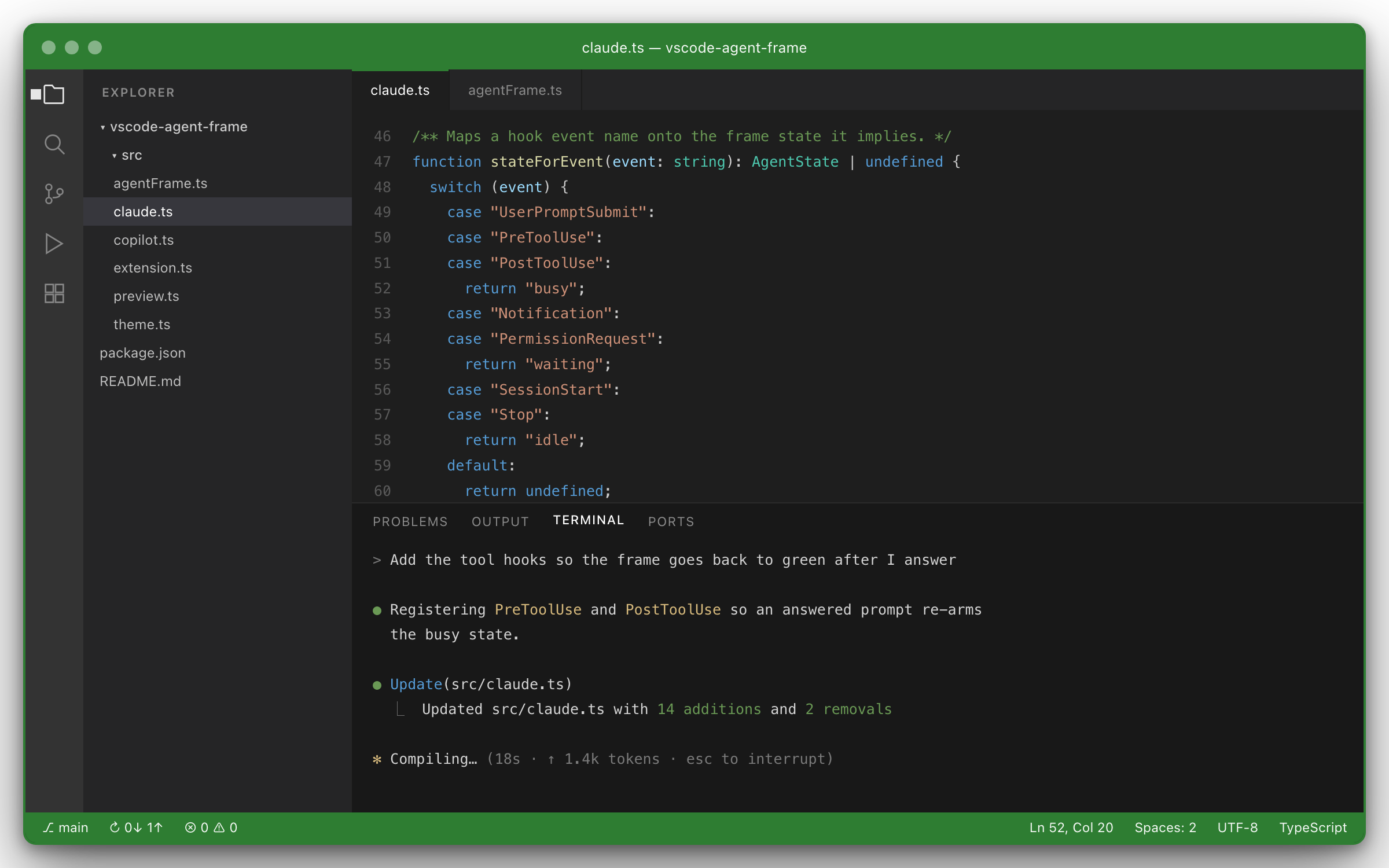 Agent Frame with the busy color applied to the title bar, window border and status bar