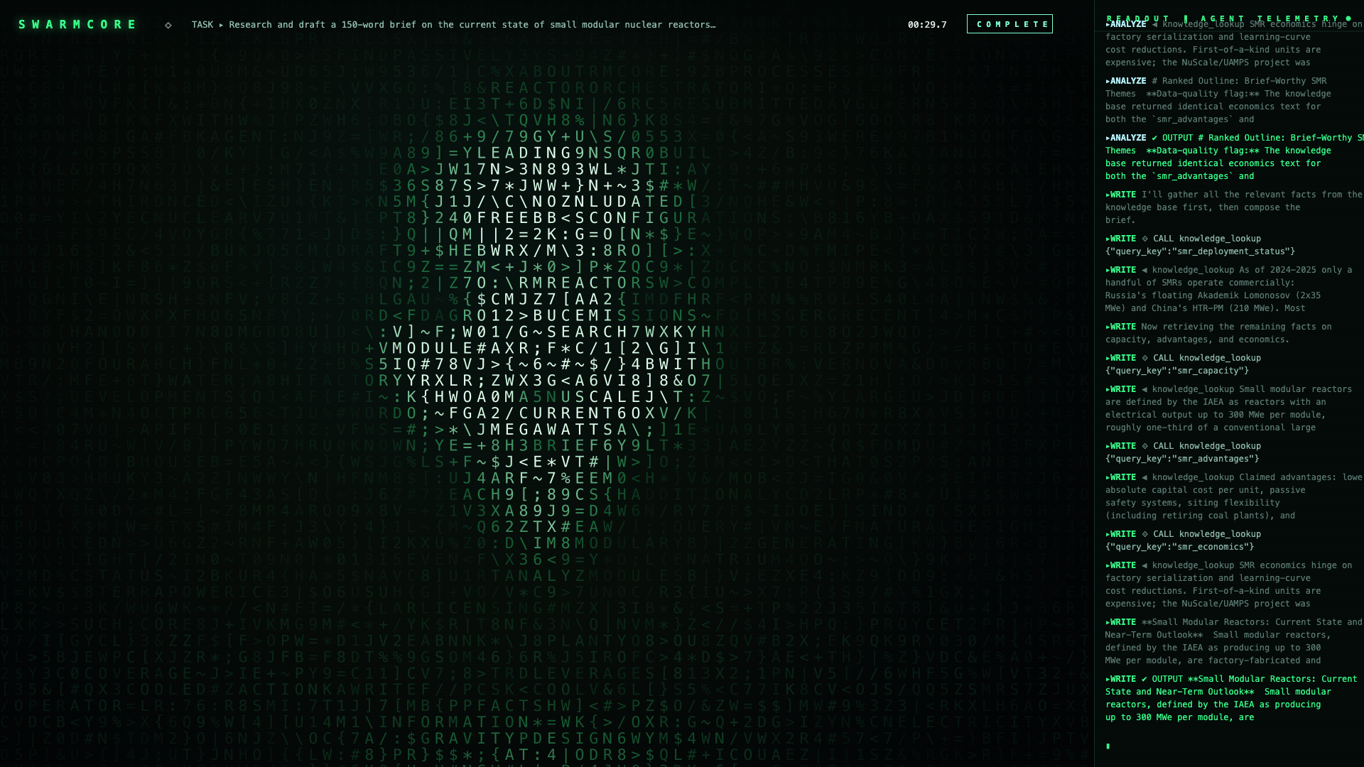 SWARMCORE wide view — the code-face beside a live agent telemetry terminal