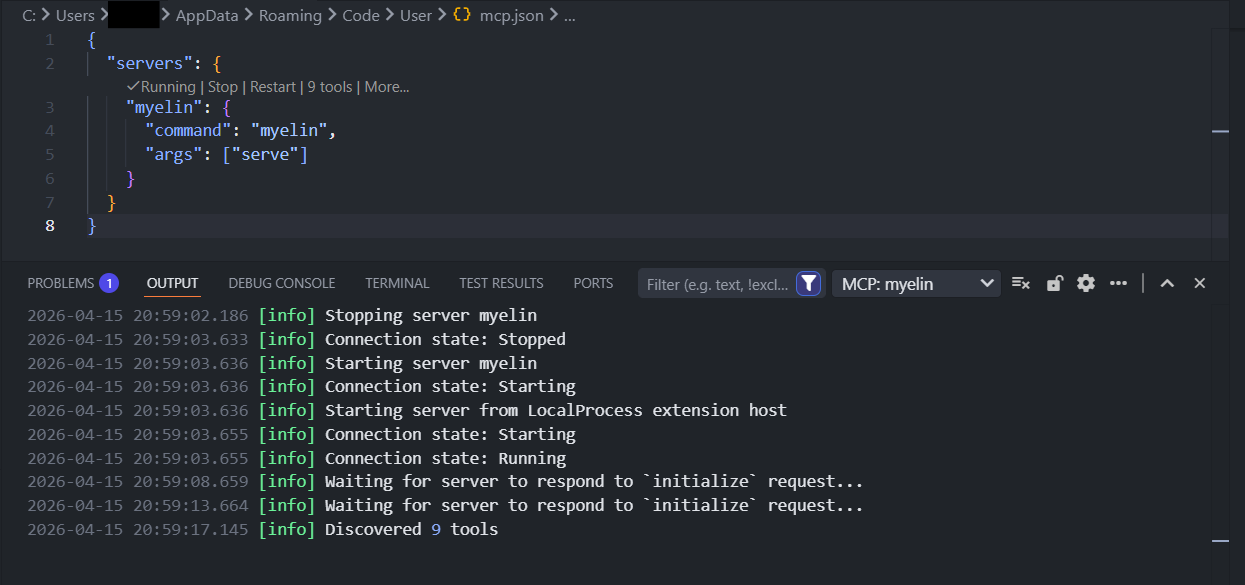 MCP output showing Myelin server starting and discovering 9 tools