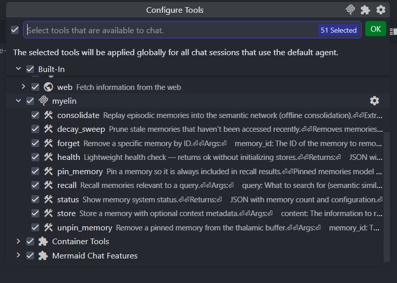 Myelin tools listed in VS Code Configure Tools