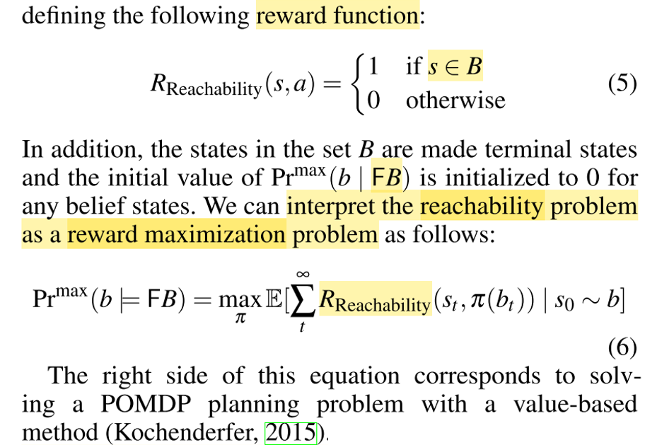 A reachability problem can be interpreted as a planning problem where the goal is to reach the set B. In LTL terminology, F means 'eventually'. Source.