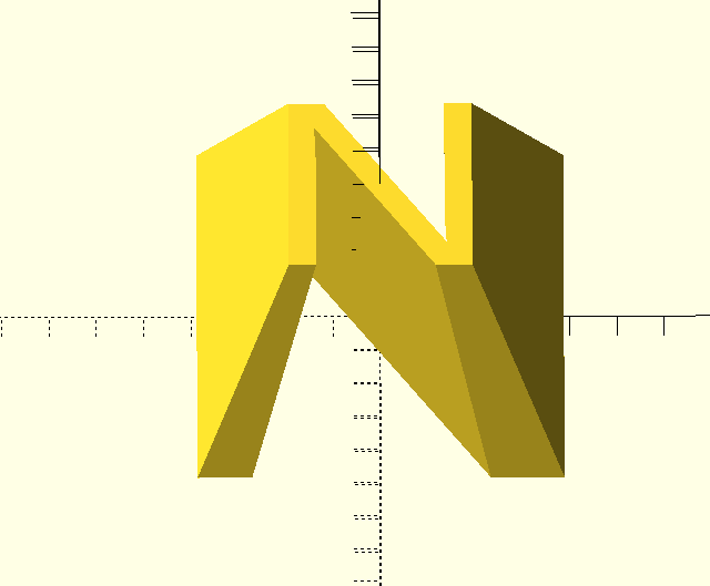 An OpenSCAD render of the letter "N" with steeply slanted edges that would not print well