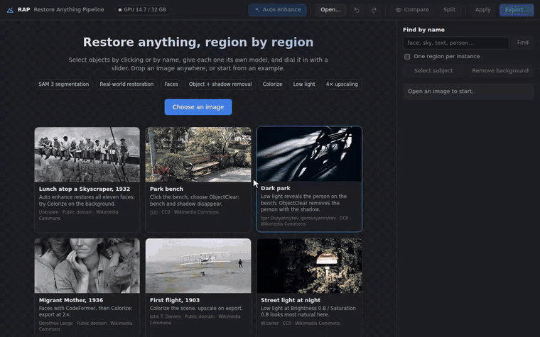 Selecting every face by name, a subject with one click and a person by clicking, each region getting its own model