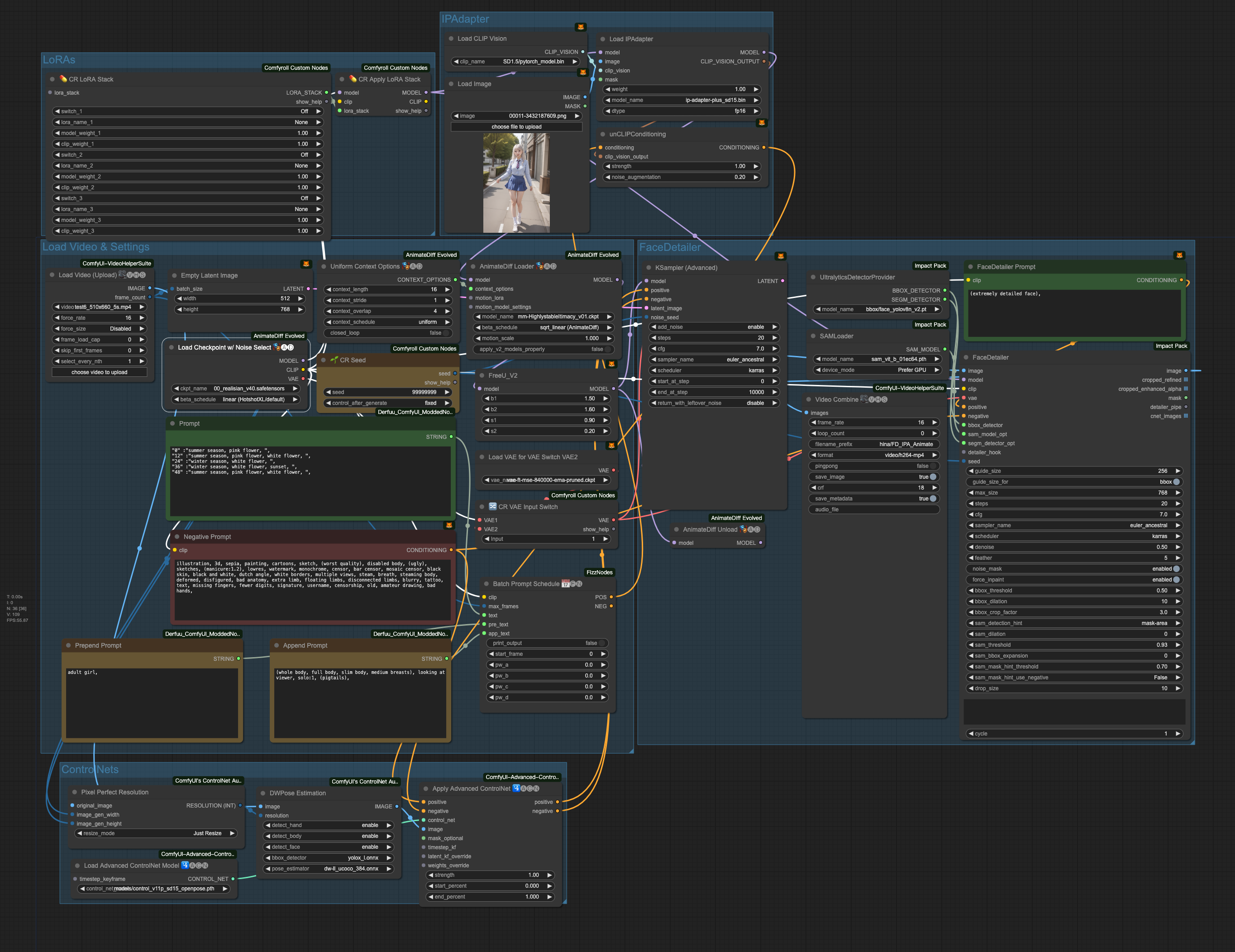 AnimateDiff_vid2vid_CN_PromptTravel_Lora_IPAdapter_FaceDetailer