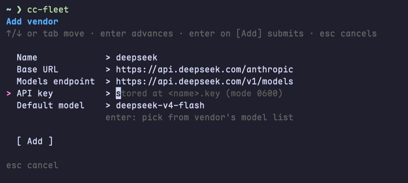 cc-fleet TUI — add vendor form