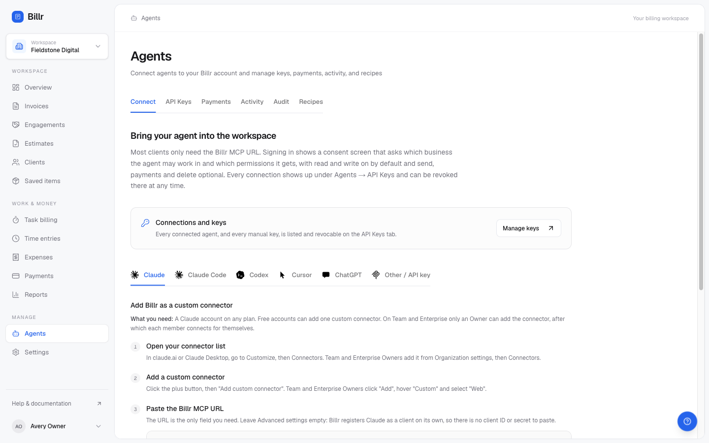 The Connect tab with the steps for adding Billr to Claude as a custom connector