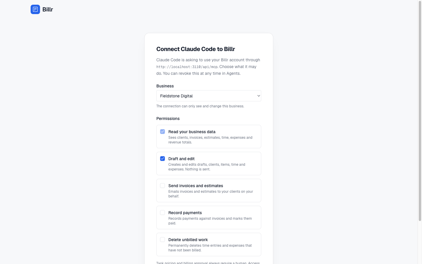 The Billr consent screen asking which business and which permissions to grant