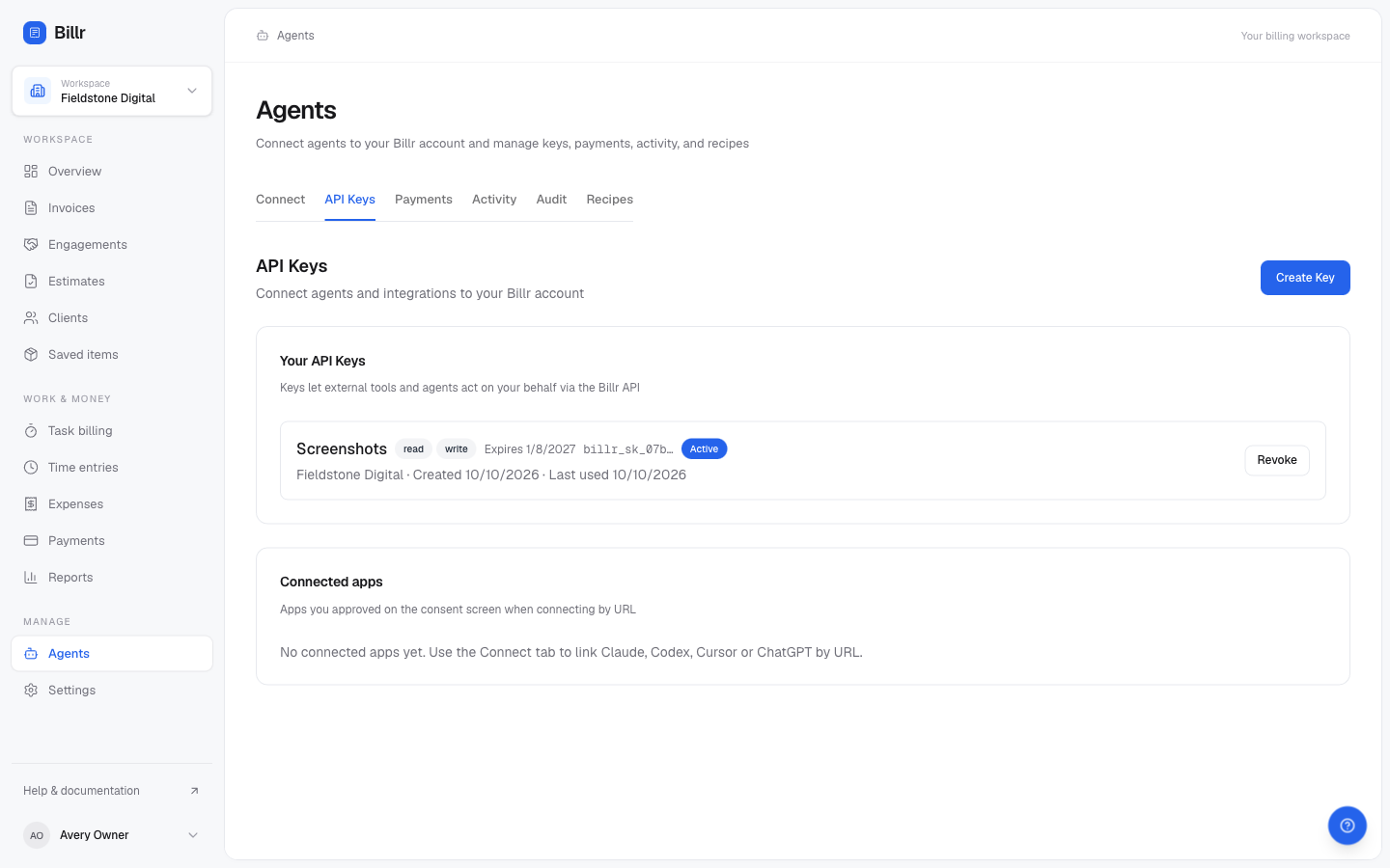 The API keys tab listing keys with their scopes, expiry and last use