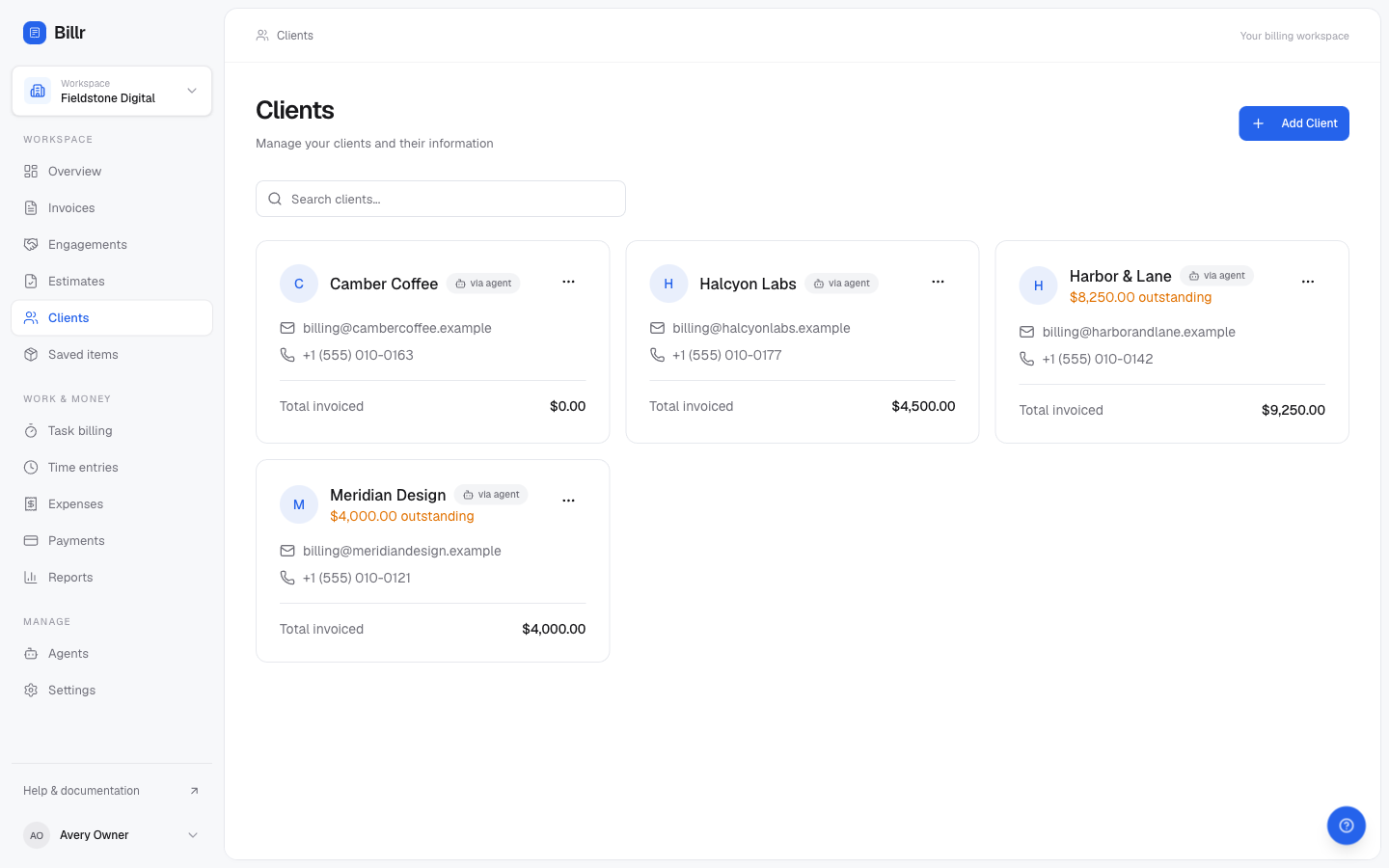 The clients list showing four fictional clients with outstanding and invoiced totals