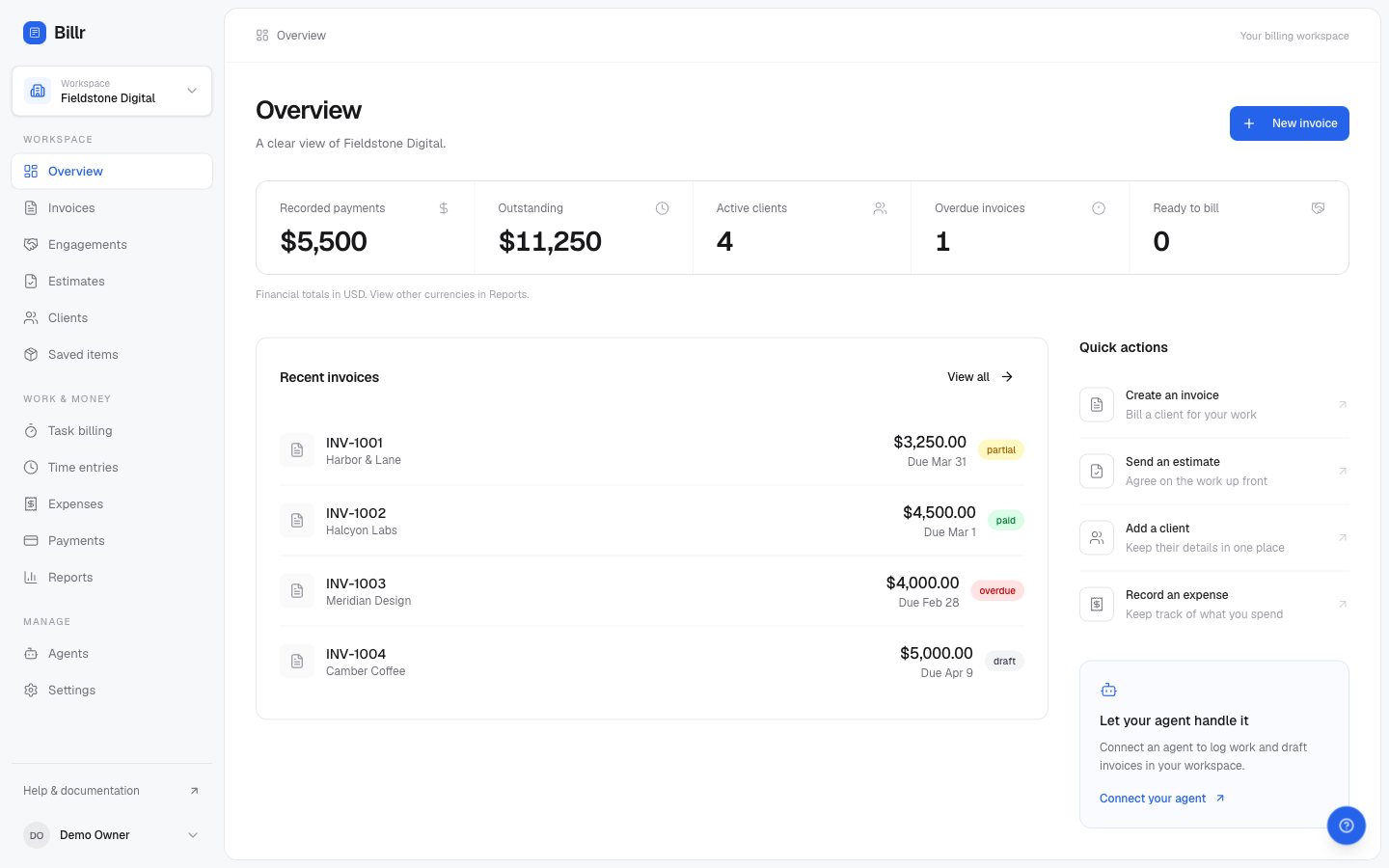 The Billr dashboard for a fictional studio, showing recorded payments, outstanding balance and recent invoices