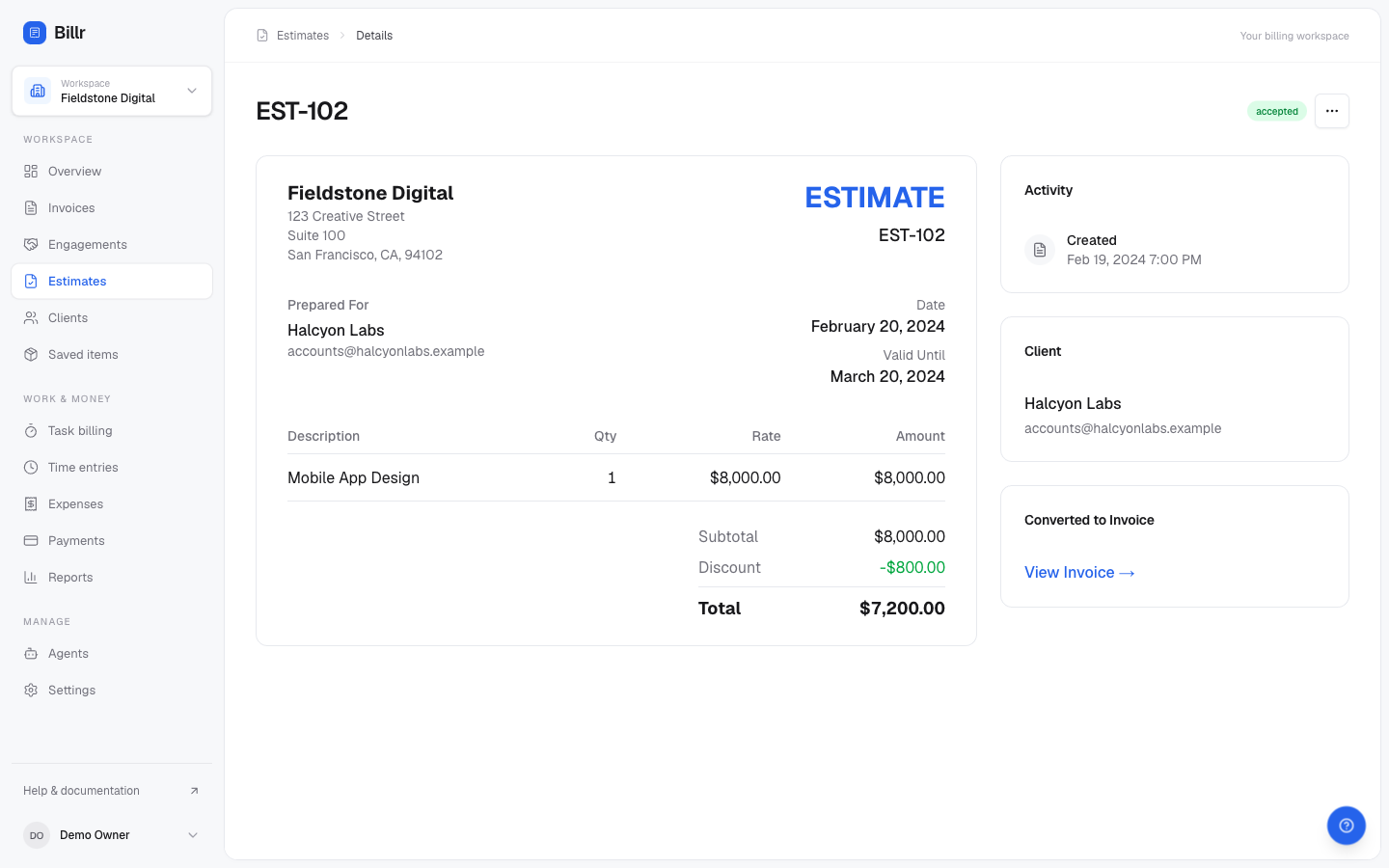 An accepted estimate with its line items, discount and a link to the invoice it was converted to