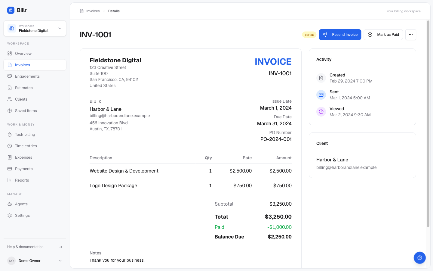 An invoice detail page showing line items, totals, a partial payment and its activity trail