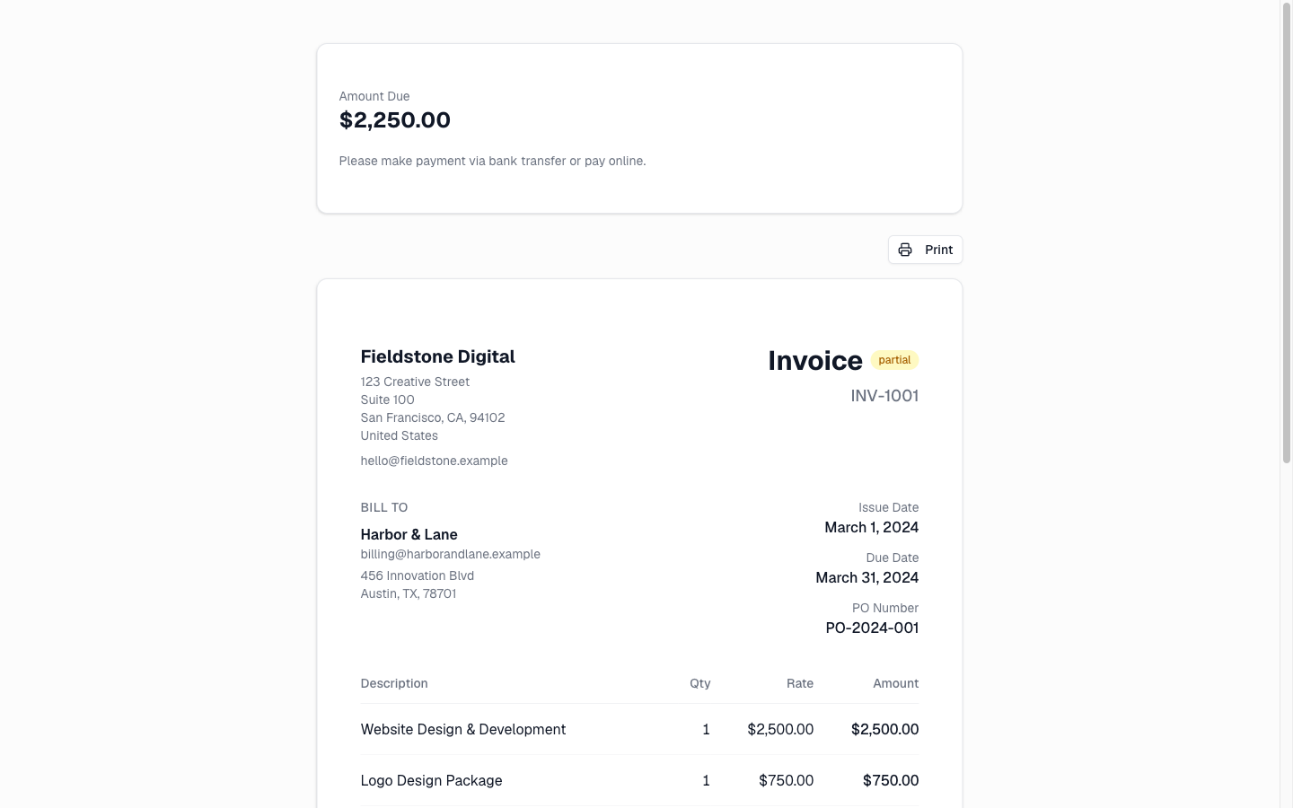 The client-facing invoice page with the amount due, a print button and the invoice itself