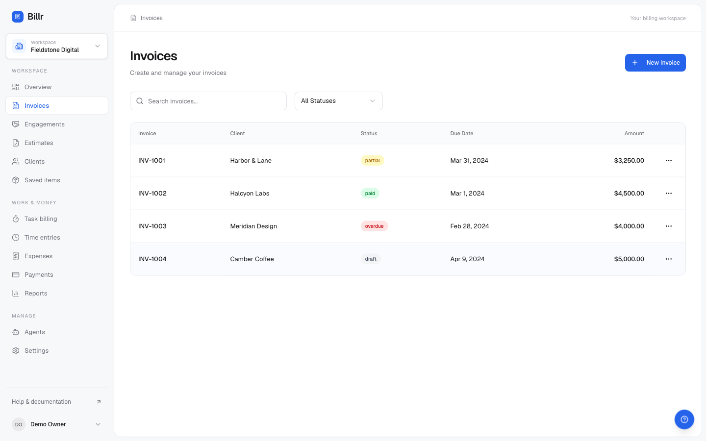 The invoice list with search and a status filter, one row per invoice with its client, status, due date and amount