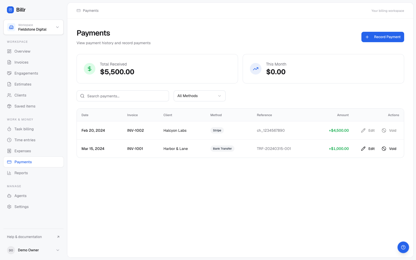 The payments list with a card payment and a bank transfer, each with edit and void actions