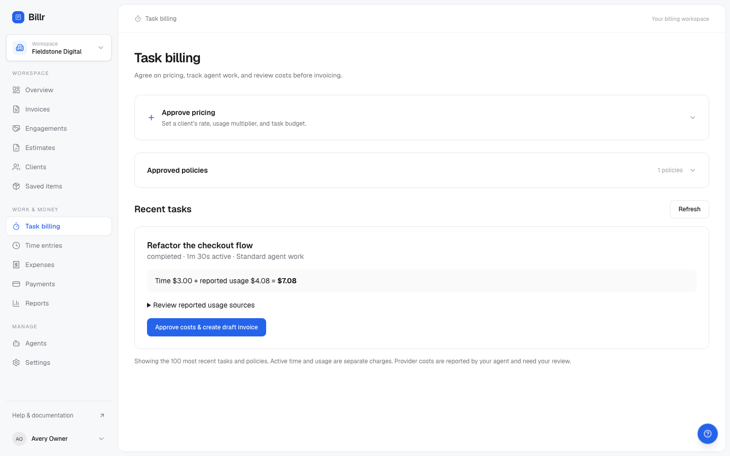 Task billing showing a completed agent task, its time and usage breakdown, and the approval button
