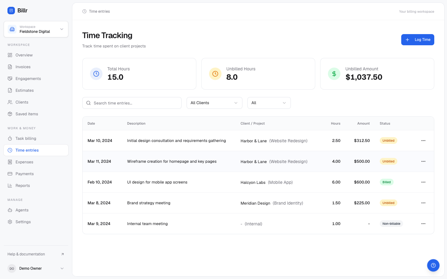 The time tracking page showing billed and unbilled entries with hours and amounts