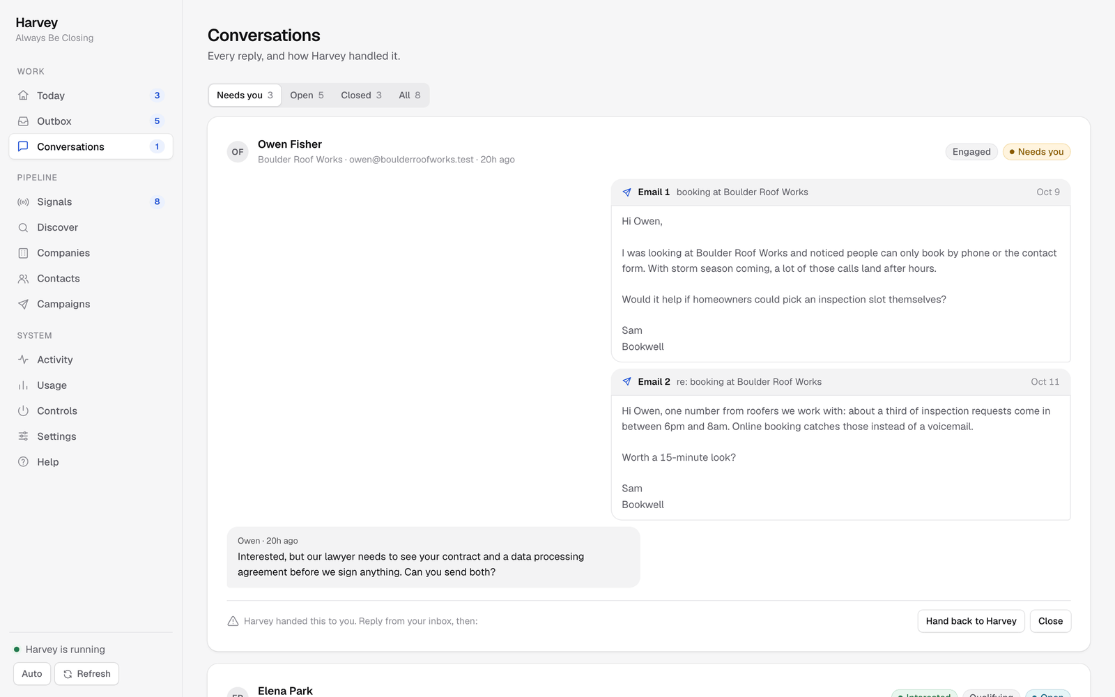 A conversation Harvey handed back: the two emails sent, the prospect asking for a contract, and the Hand back to Harvey and Close buttons