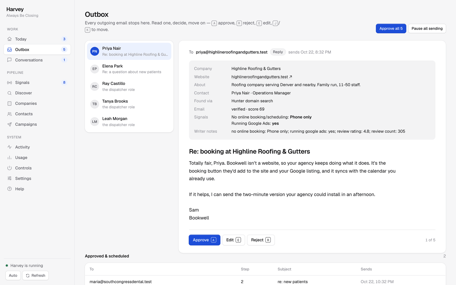 The outbox decisions desk: a drafted reply to an objection, with the company, contact, verification and signals beside it