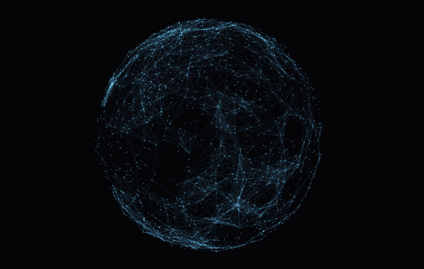 Six seconds of the JARVIS orb while he is speaking, looping. Two thousand
particles hold the shape of a hollow blue sphere, wired together by faint lines
between the ones that drift close enough; a bright rim catches its lower edge.
Through each spoken phrase the sphere swells and brightens and leans towards
you, then falls back and contracts through the pause before the next one, three
times over, while the camera drifts a few degrees around
it.