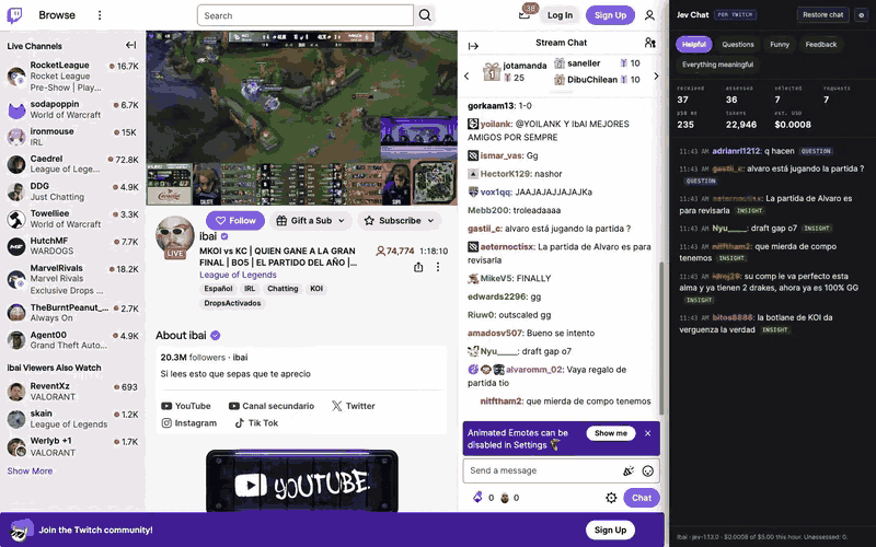 Jev Chat for Twitch filtering a live chat