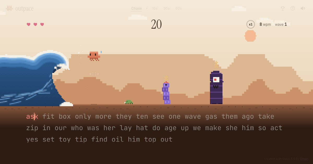 Outpace: Claude double-jumping over creatures while a pixel wave closes in