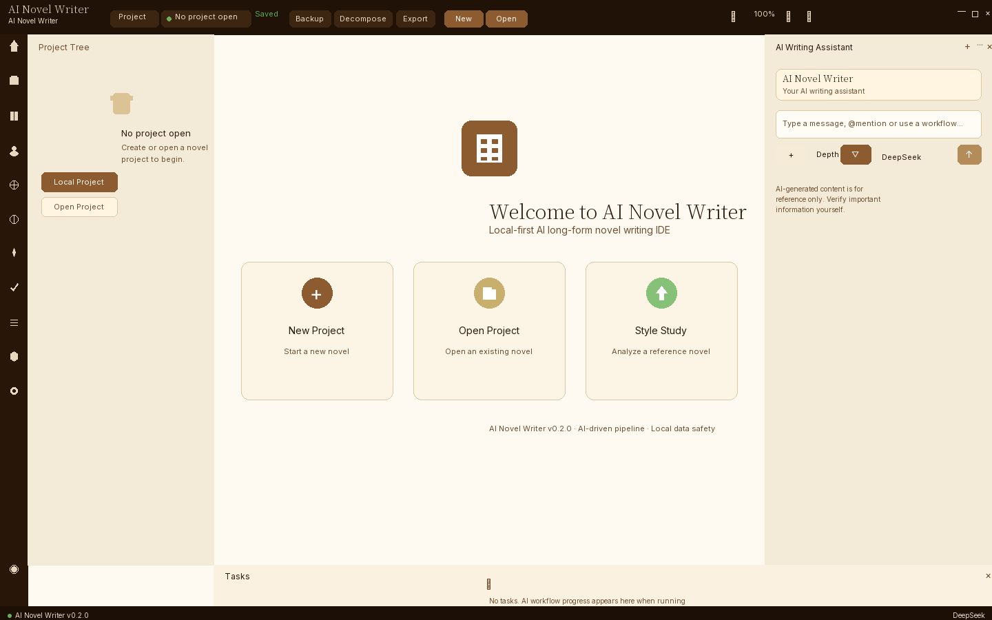 AI Novel Writer main window showing the project structure, welcome page, AI writing assistant and task panel
