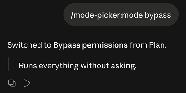 /mode bypass: Switched to Bypass permissions from Plan, with a line saying it runs everything without asking
