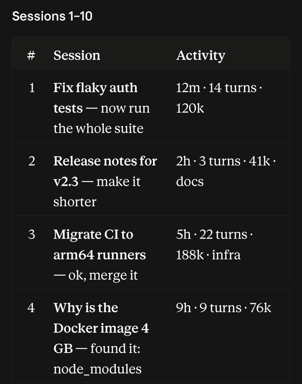 /rresume in the Claude iPhone app: a table of recent sessions with their title, last prompt, age, turns and context size