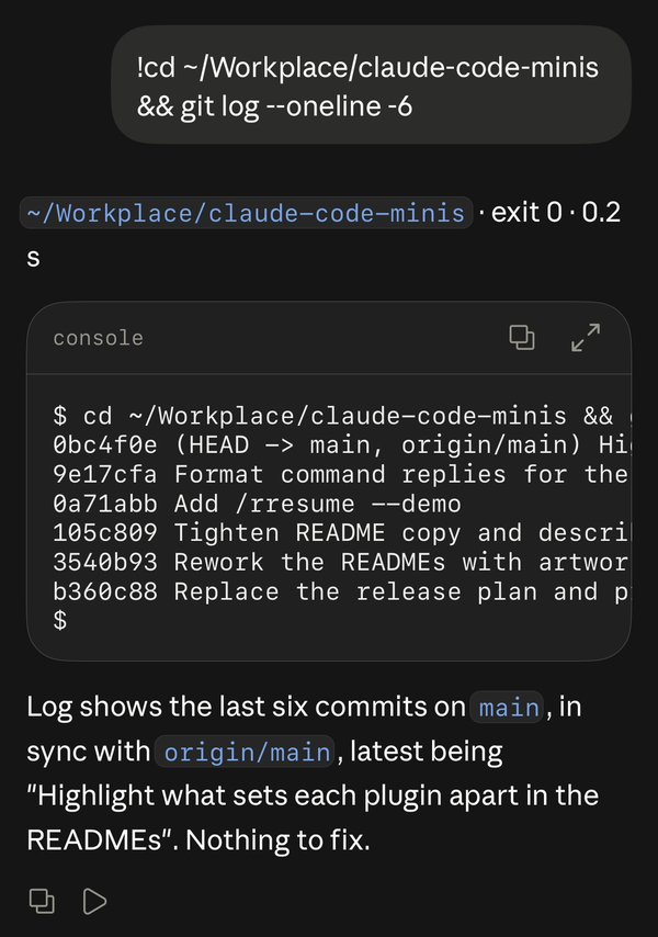 !git log --oneline -6 in the Claude iPhone app: the reply shows the folder, exit 0 and the run time above the log, then Claude's one-line summary