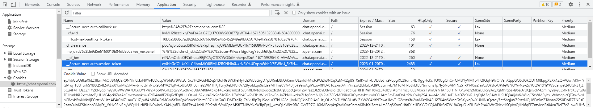 Location of the session token in Chrome Developer Tools