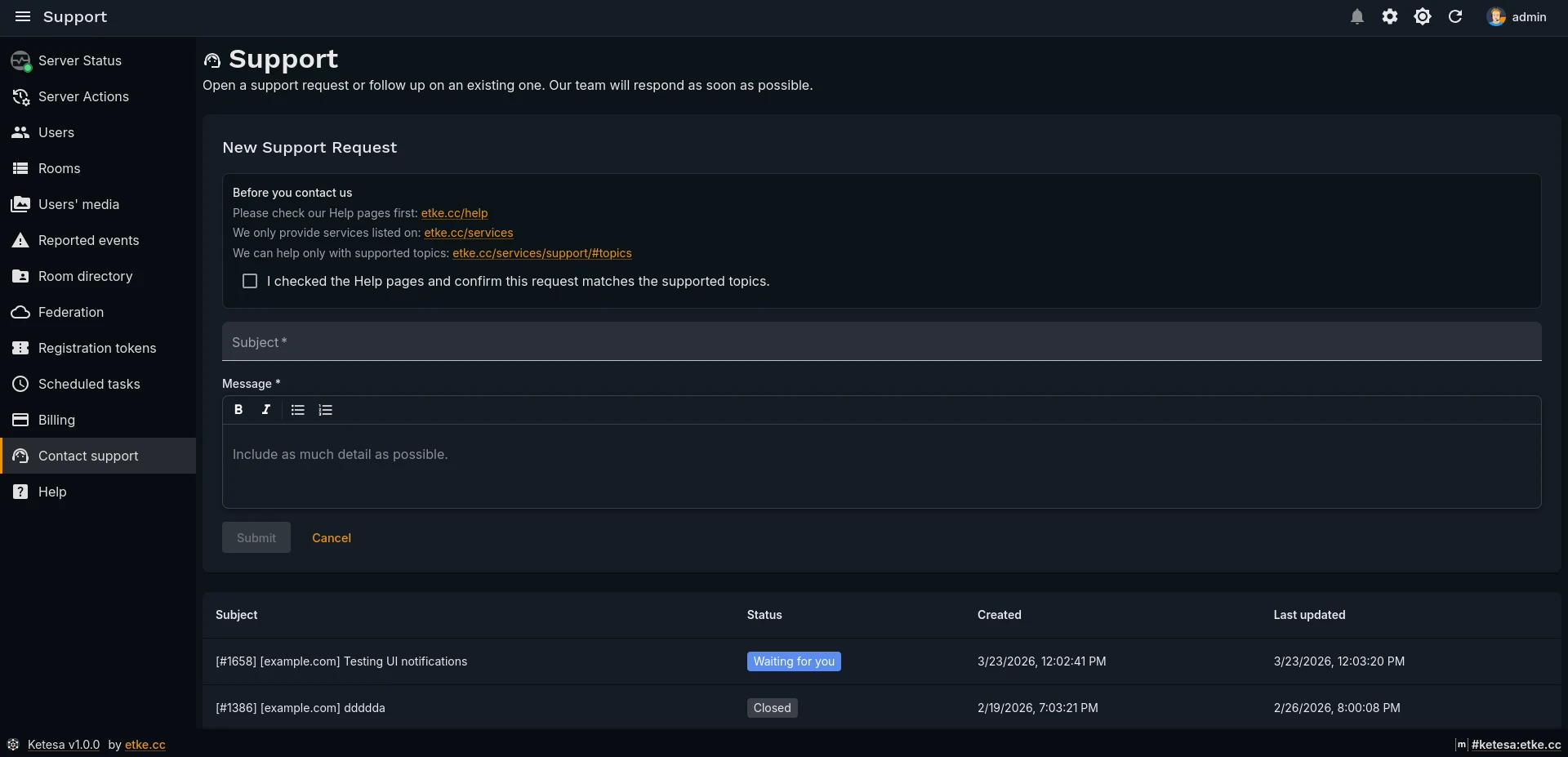 Support — Create Ticket (dark)