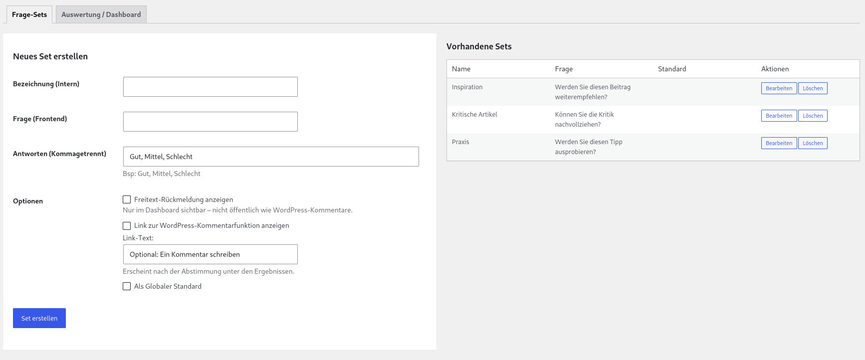 Backend: Frage-Sets erstellen und bearbeiten