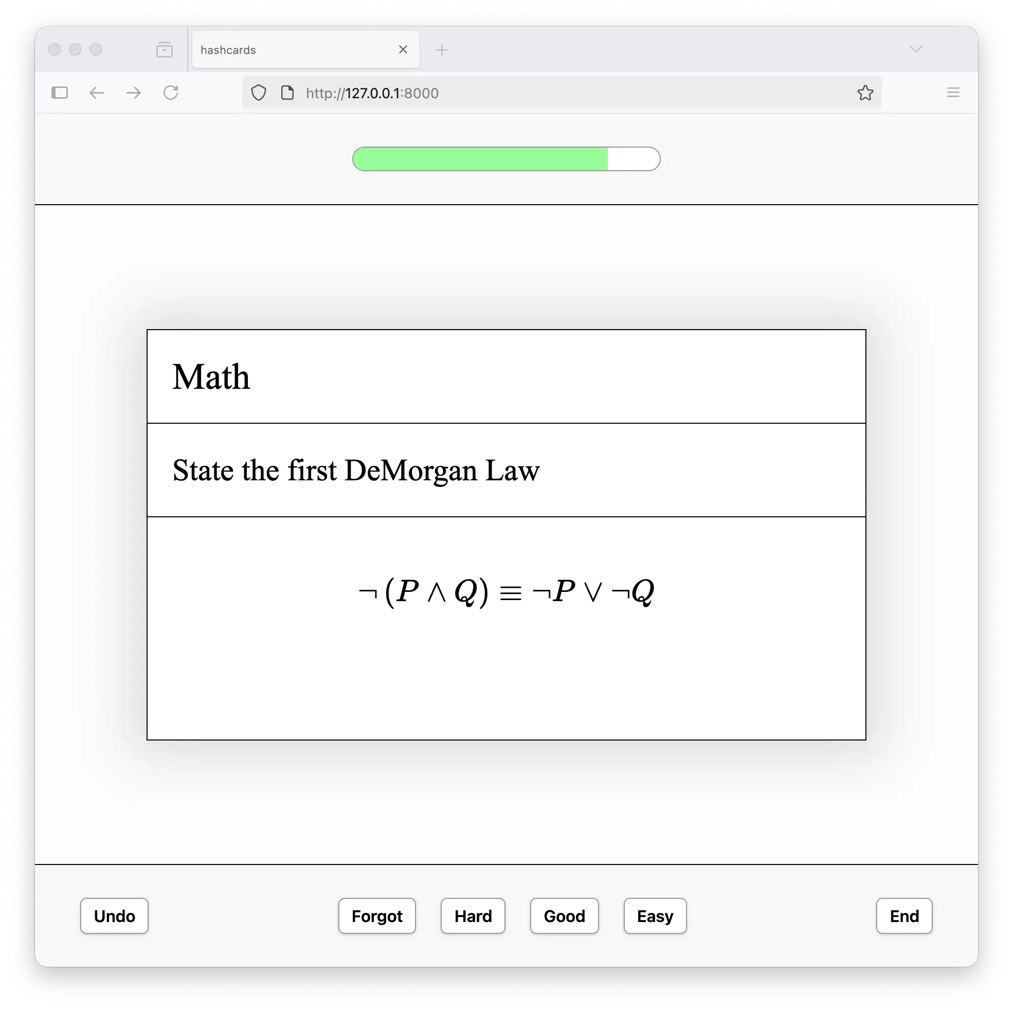 Screenshot of the app, showing a front/back flashcard.
