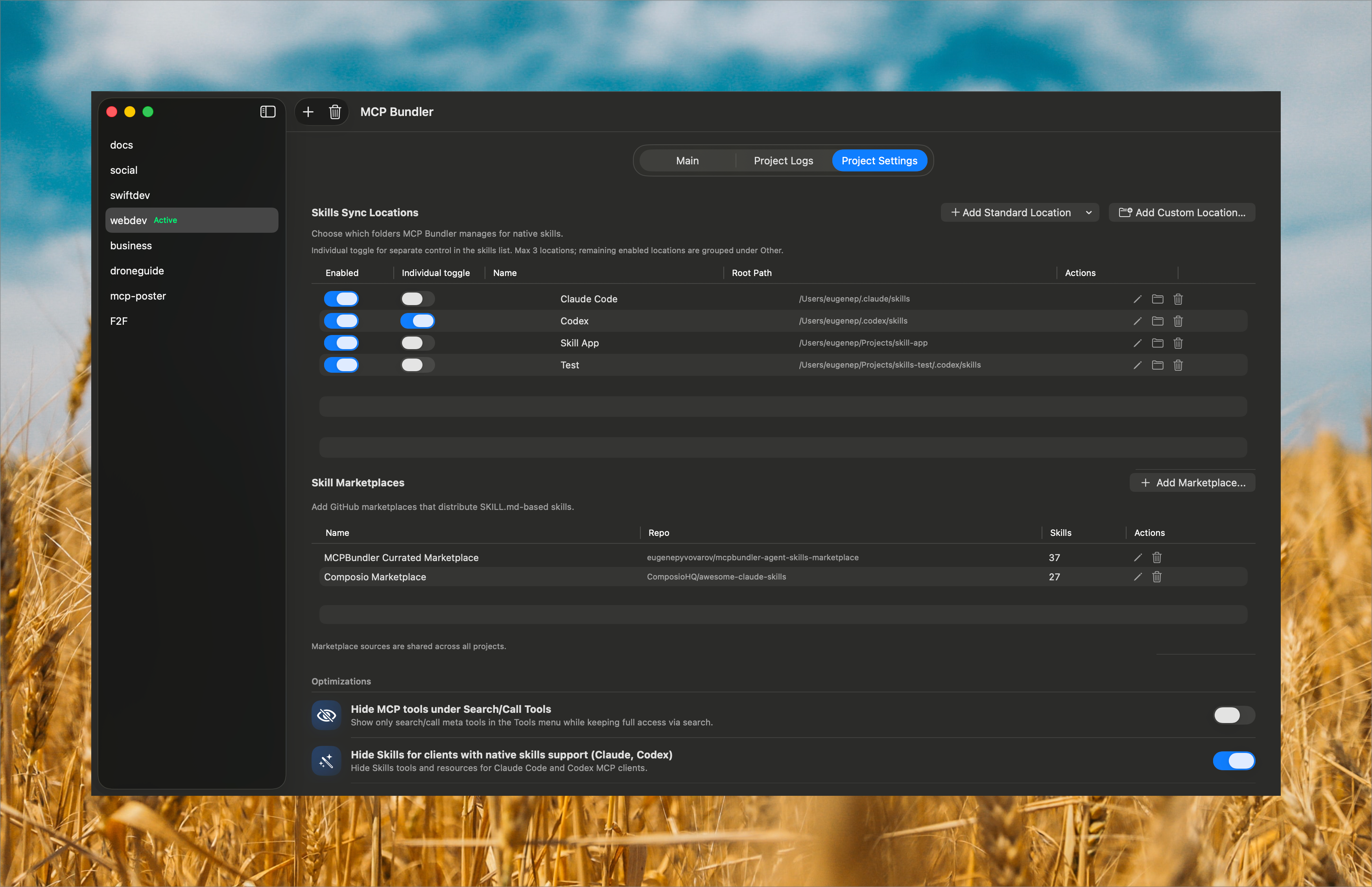Project settings