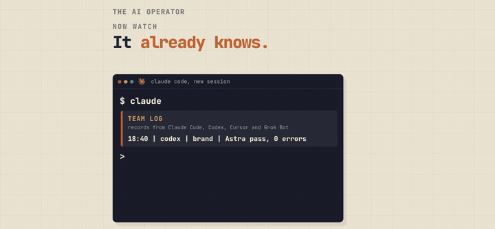 Crew demo: a new Claude Code session shows the team log on its own and answers what Codex did at 18:40