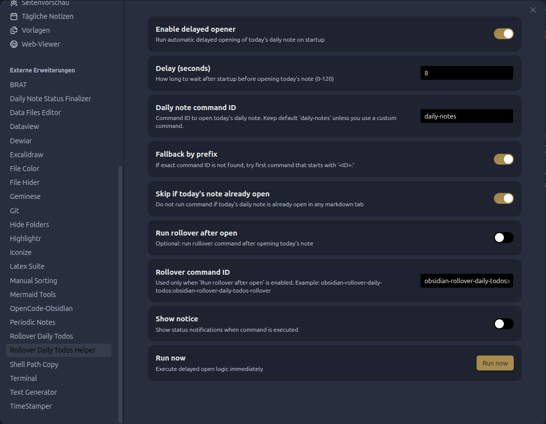 Rollover Daily Todos Helper settings